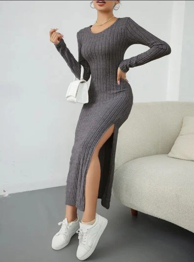 The Urban Flow | Solid Color Hooded Long-Sleeve Slit Maxi Dress FD - Image 3