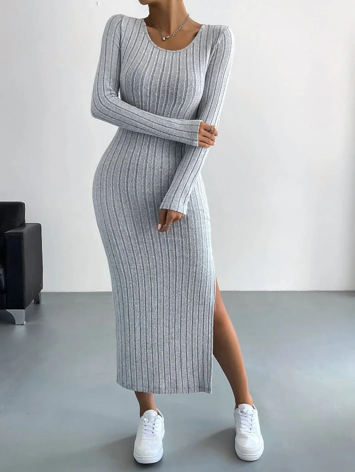 The Urban Flow | Solid Color Hooded Long-Sleeve Slit Maxi Dress FD - Image 4