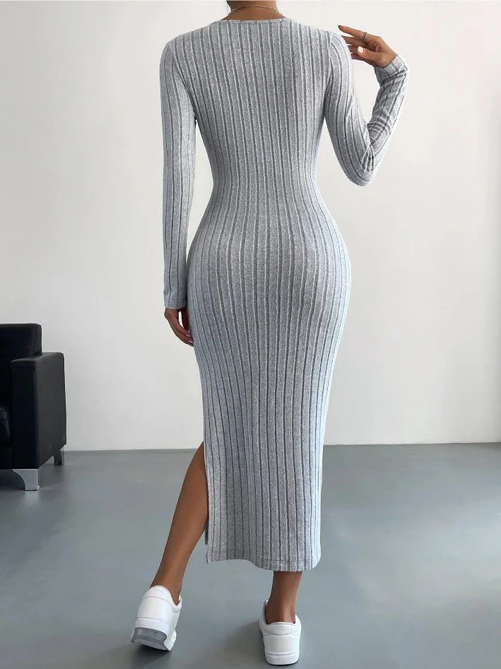 The Urban Flow | Solid Color Hooded Long-Sleeve Slit Maxi Dress FD - Image 5