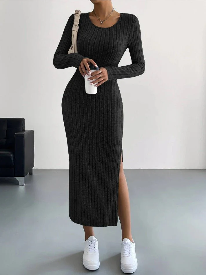 The Urban Flow | Solid Color Hooded Long-Sleeve Slit Maxi Dress FD - Image 6
