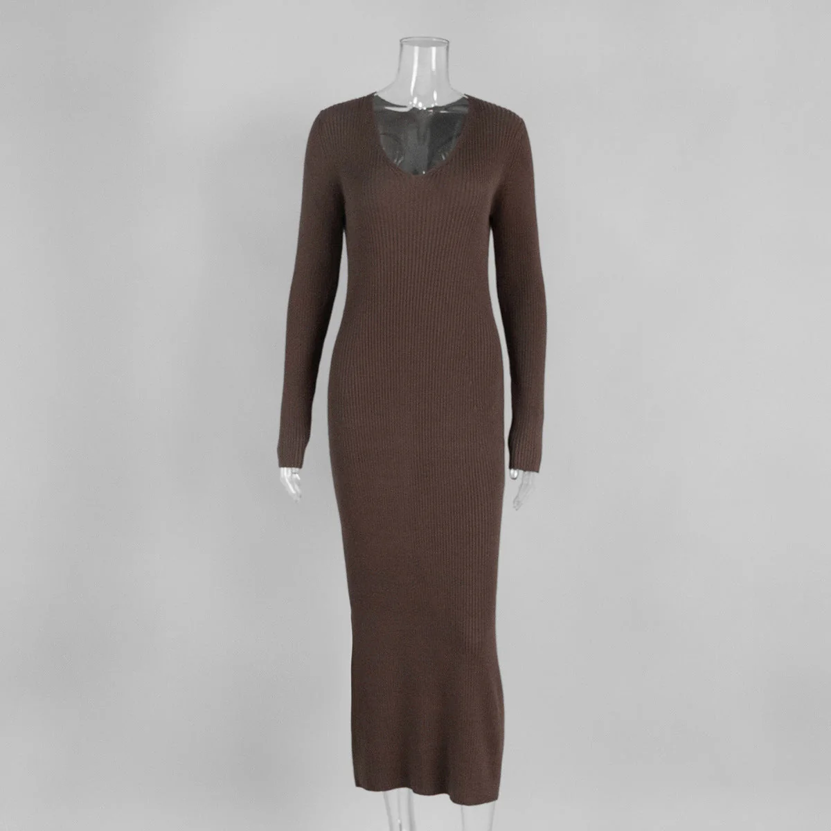 The Velvet Allure | Solid Color V-Neck Long-Sleeve Bodycon Midi Dress - Image 8