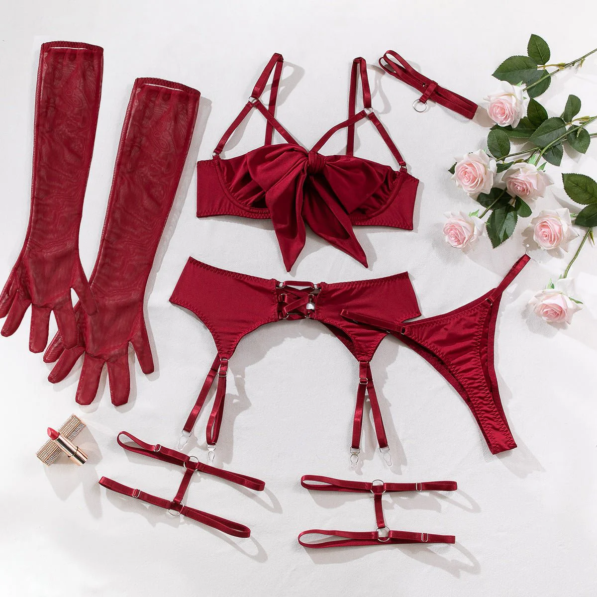 The Velvet Bow | Bow Tie Steel Ring Gather Lingerie Four-Piece Set - Image 3