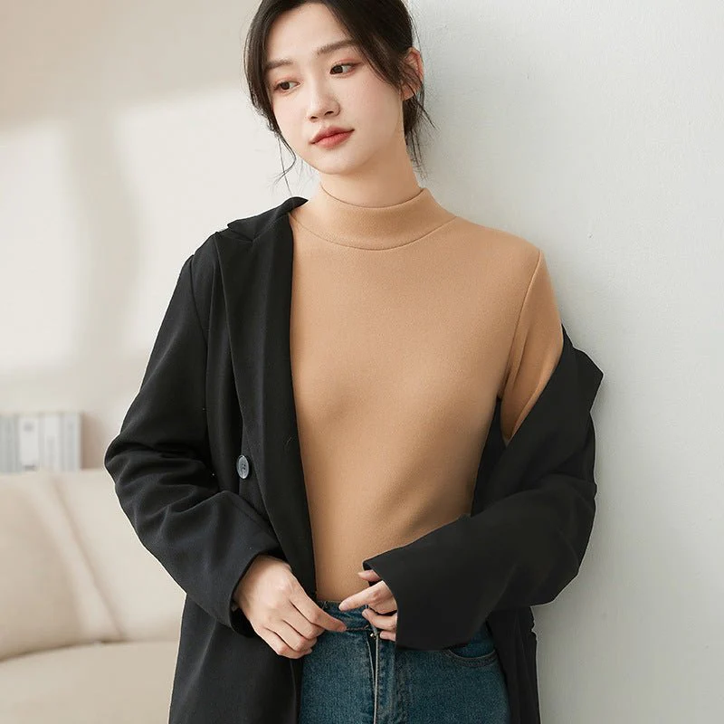 The Velvet Whisper | Solid Color Semi-Turtleneck Velvet Slim Top - Image 3