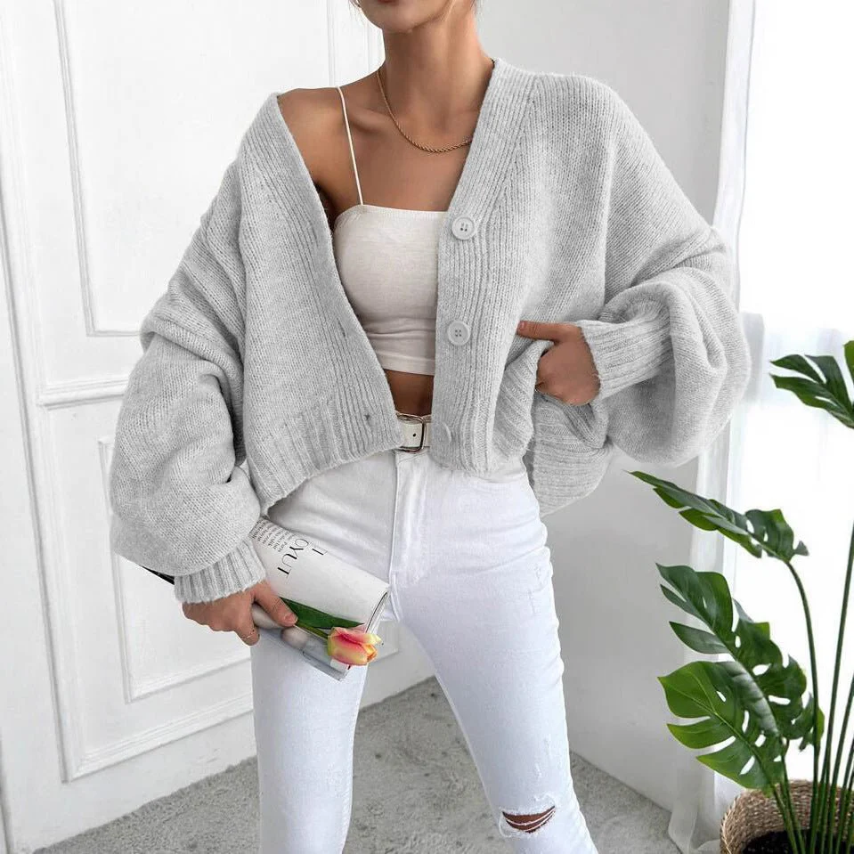 The Vintage Bloom | Women's Flower Clip V-Neck Lantern Sleeve Cardigan - Image 2