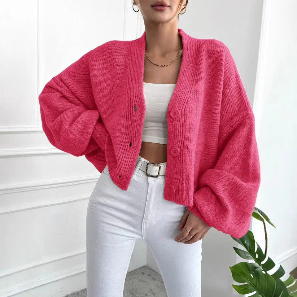 The Vintage Bloom | Women's Flower Clip V-Neck Lantern Sleeve Cardigan - Image 3