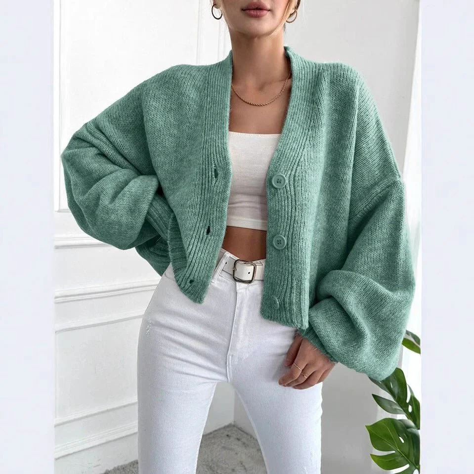 The Vintage Bloom | Women's Flower Clip V-Neck Lantern Sleeve Cardigan - Image 4