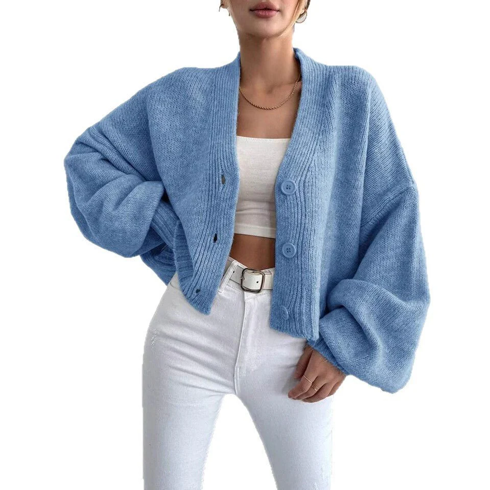 The Vintage Bloom | Women's Flower Clip V-Neck Lantern Sleeve Cardigan - Image 5