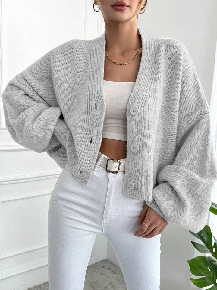 The Vintage Bloom | Women's Flower Clip V-Neck Lantern Sleeve Cardigan - Image 6