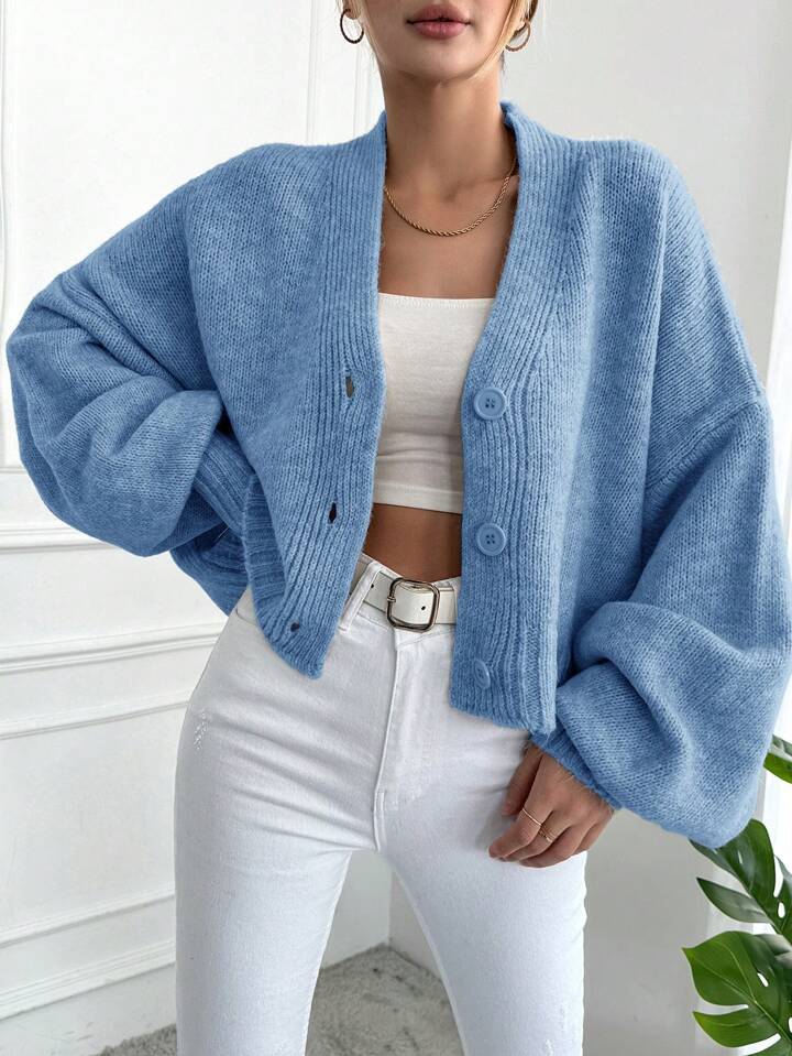 The Vintage Bloom | Women's Flower Clip V-Neck Lantern Sleeve Cardigan - Image 7