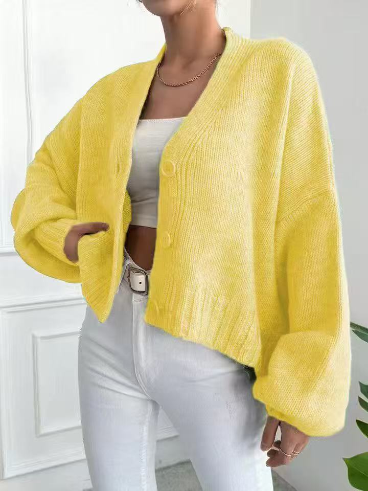 The Vintage Bloom | Women's Flower Clip V-Neck Lantern Sleeve Cardigan - Image 8
