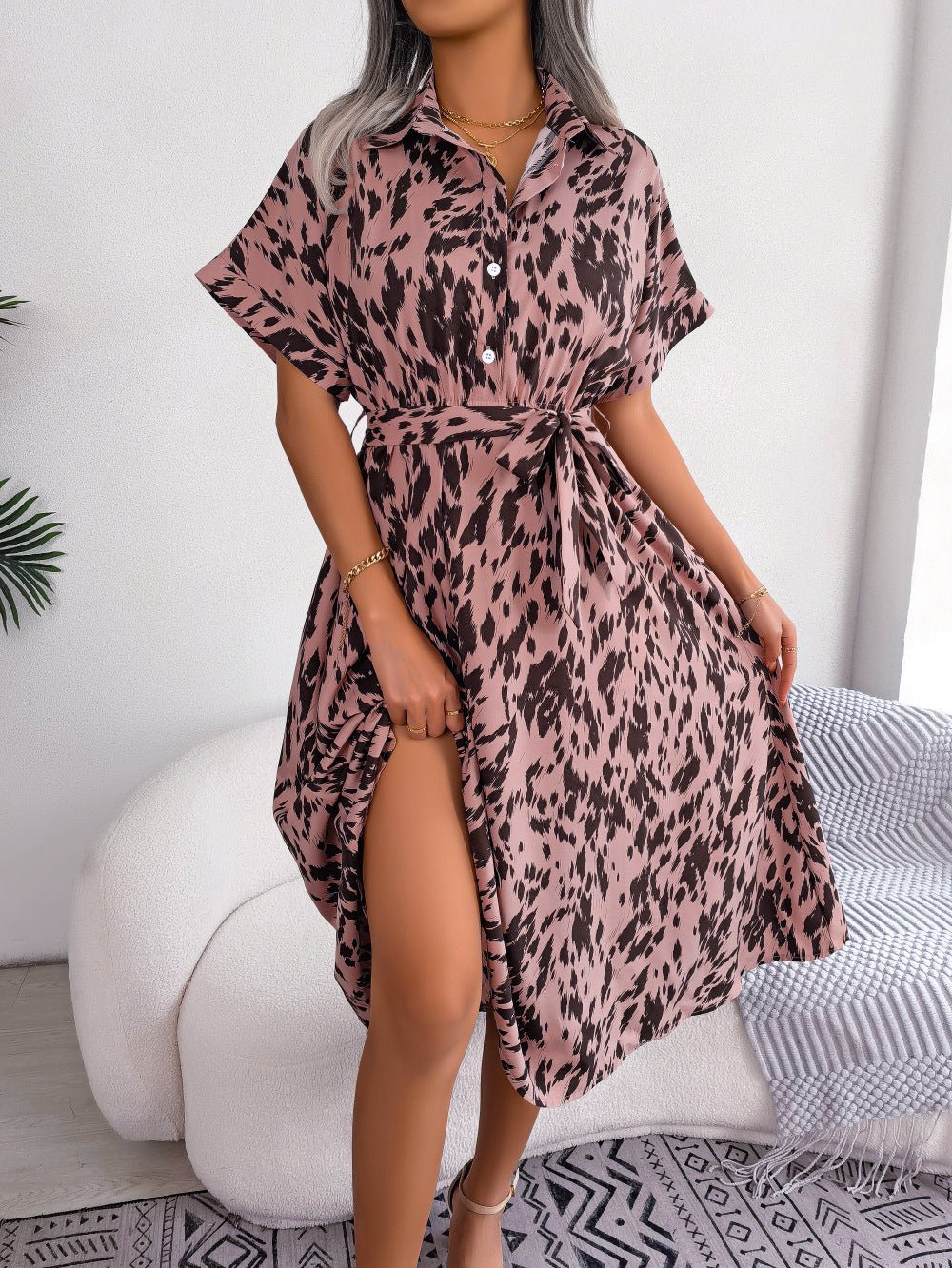 The Wild Elegance | Leopard Print Lace-Up Shirt Maxi Dress - Image 2