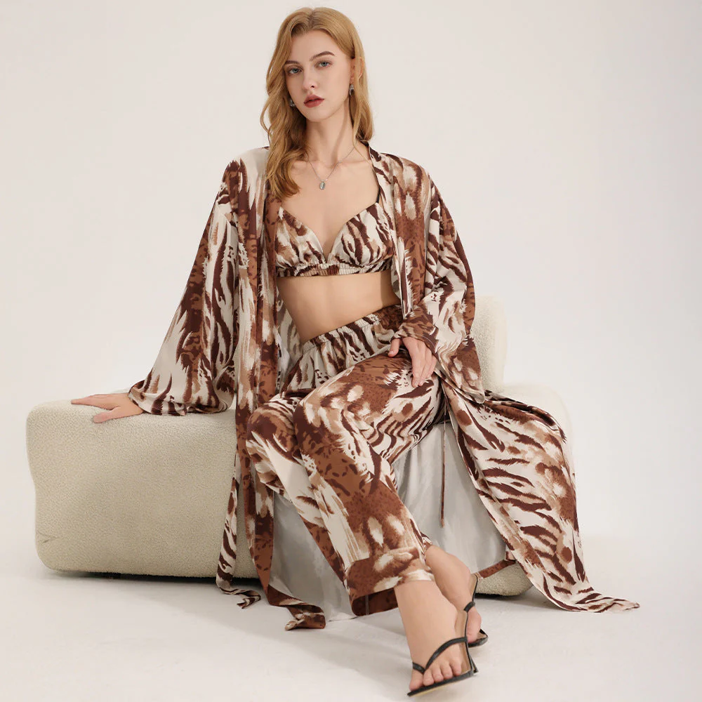 The Wild Elegance | Leopard Print Satin Three-Piece Sleepwear Set