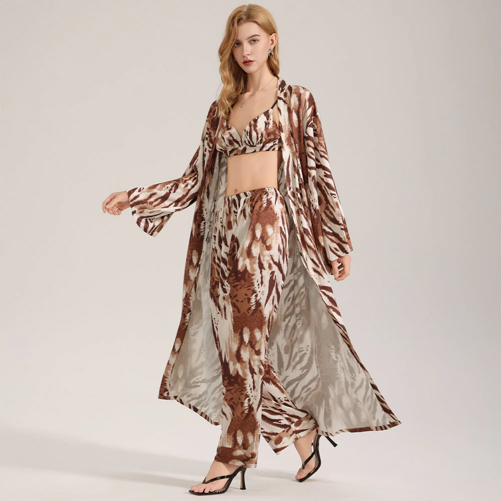 The Wild Elegance | Leopard Print Satin Three-Piece Sleepwear Set - Image 2