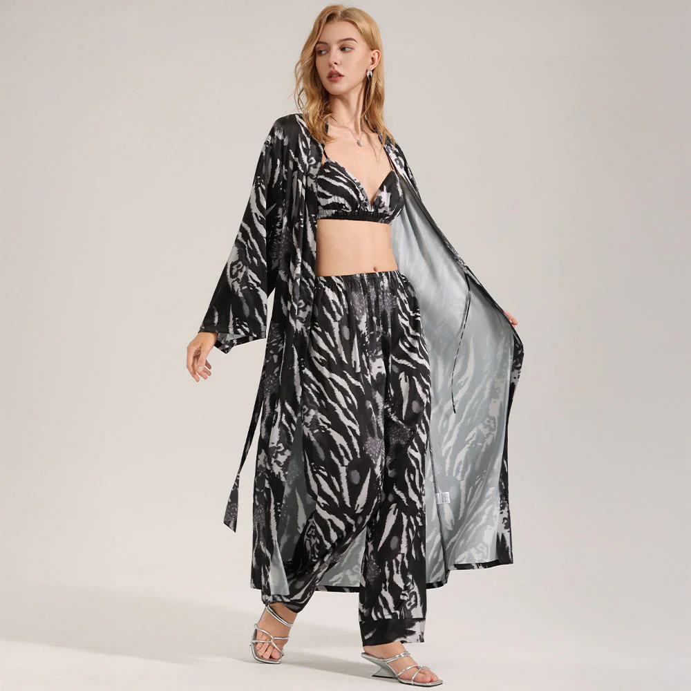 The Wild Elegance | Leopard Print Satin Three-Piece Sleepwear Set - Image 4