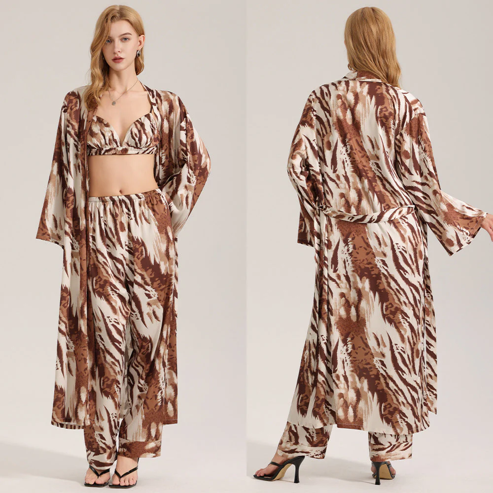 The Wild Elegance | Leopard Print Satin Three-Piece Sleepwear Set - Image 6
