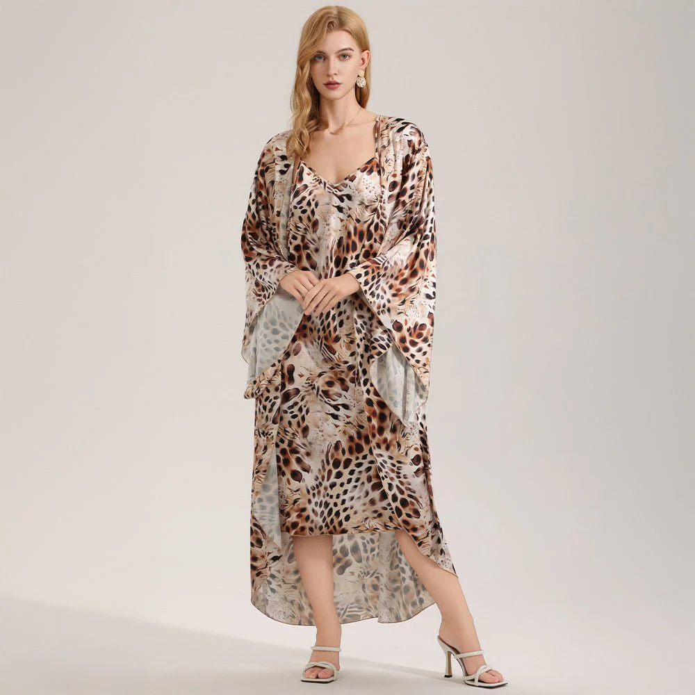 The Wild Party | Women's Printed Satin Suspender Chemise & Long Robe Two-Piece Set - Image 2