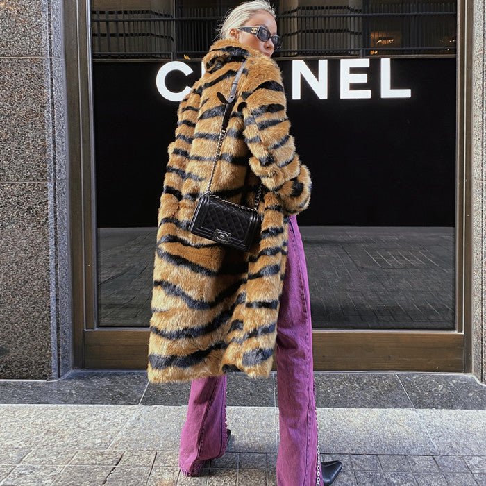 The Wild Sovereign | Imitation Tiger Pattern Extended Faux Fur Coat FD - Image 2