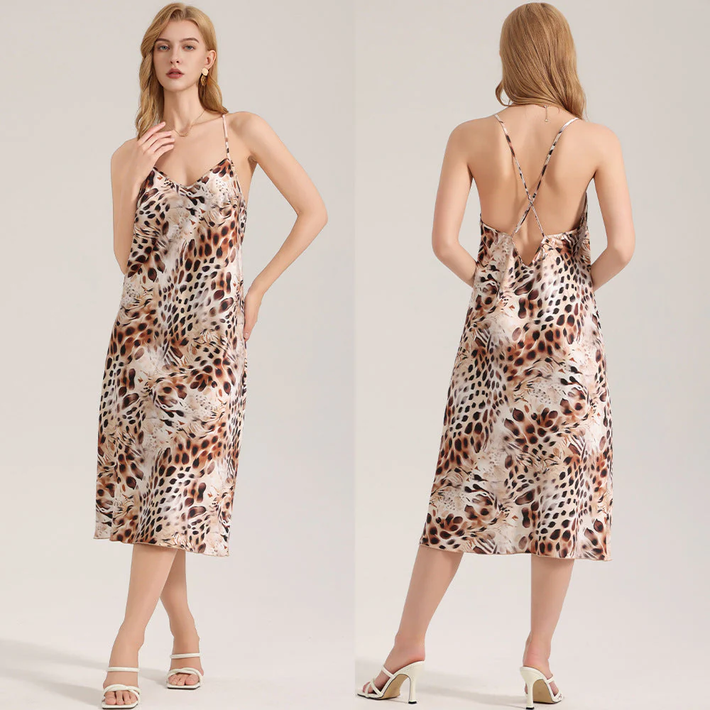 The Wild Temptation | Leopard Print V-Neck Backless Satin Maxi Slip Sleep Dress - Image 7
