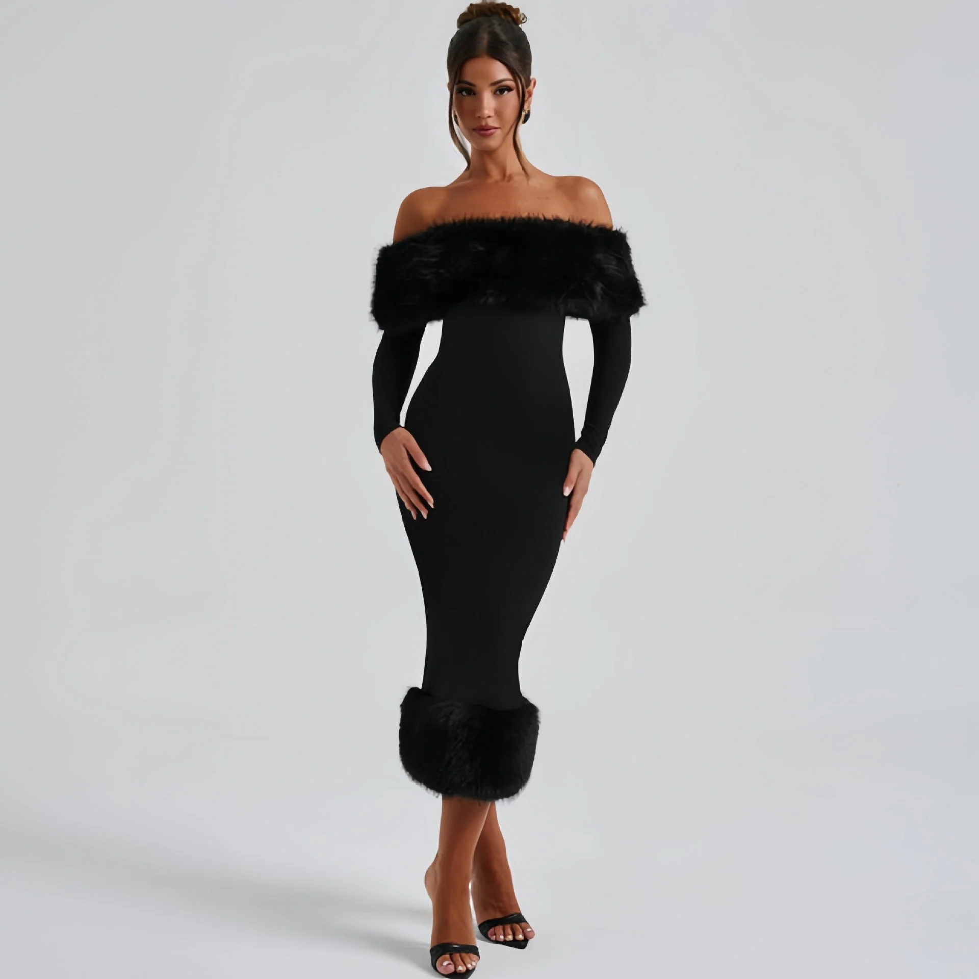 The Winter Glam | Solid Black Fur Collar One-Shoulder Long-Sleeve Midi Dress - Image 10