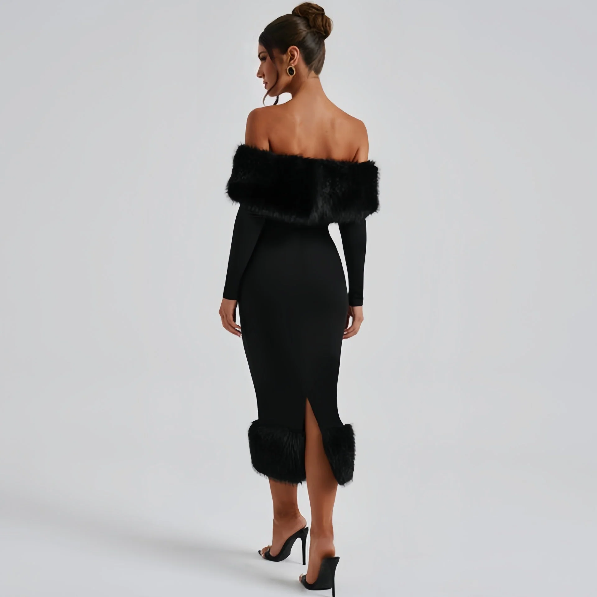 The Winter Glam | Solid Black Fur Collar One-Shoulder Long-Sleeve Midi Dress - Image 12