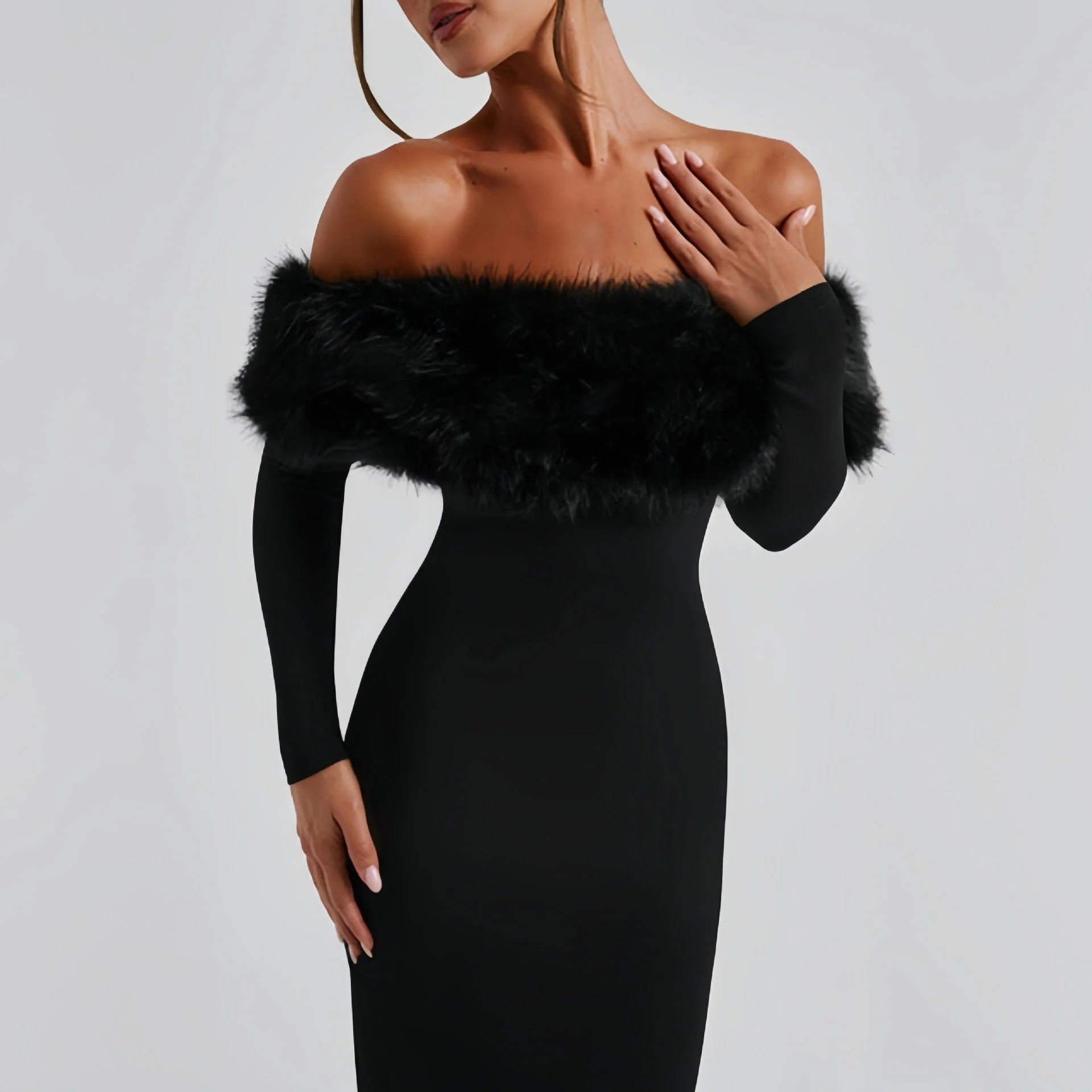 The Winter Glam | Solid Black Fur Collar One-Shoulder Long-Sleeve Midi Dress - Image 13