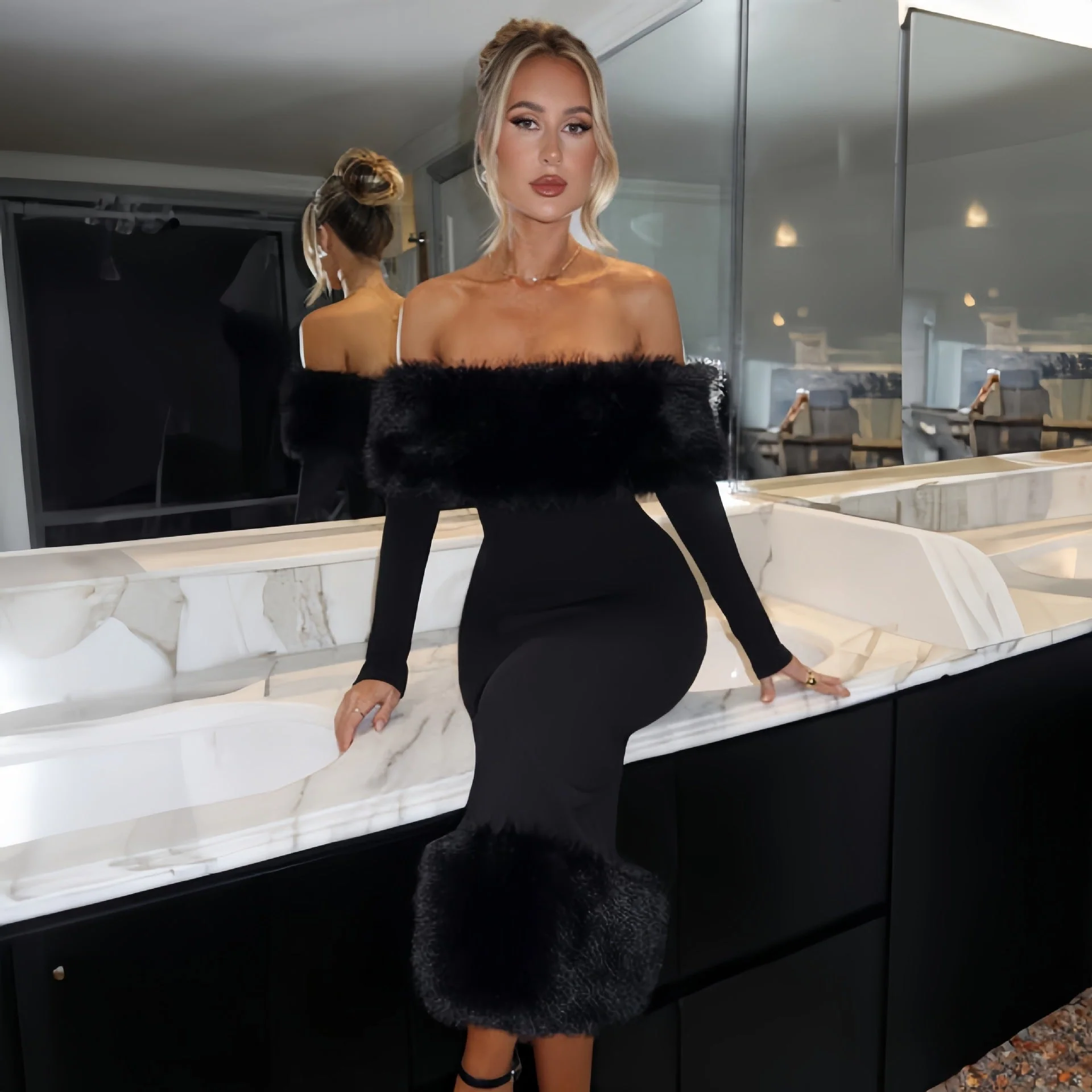 The Winter Glam | Solid Black Fur Collar One-Shoulder Long-Sleeve Midi Dress - Image 14