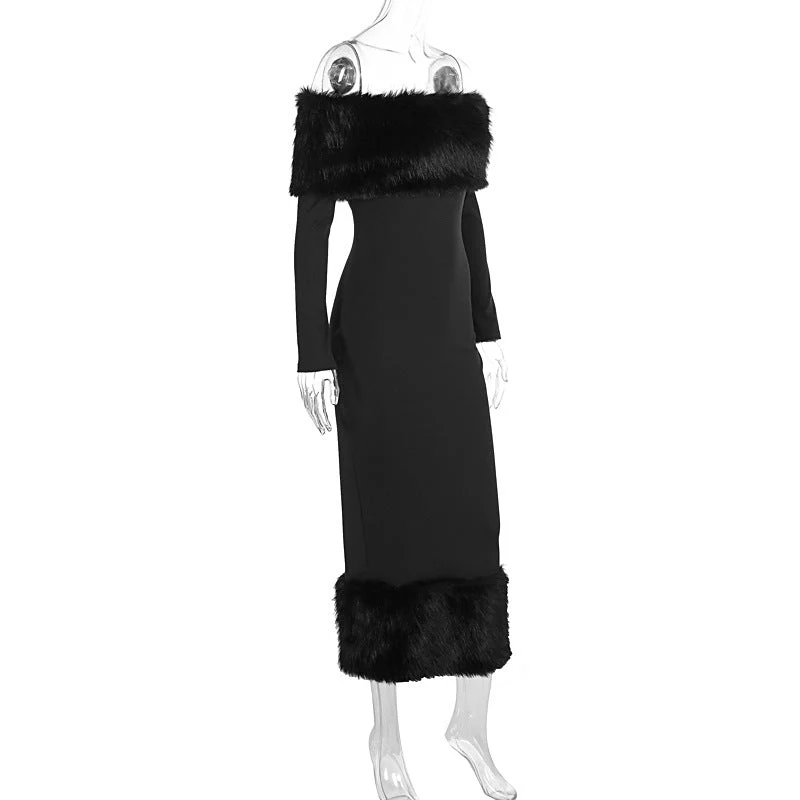 The Winter Glam | Solid Black Fur Collar One-Shoulder Long-Sleeve Midi Dress - Image 17