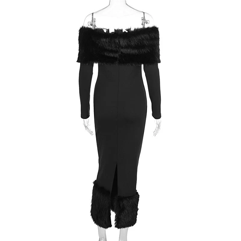 The Winter Glam | Solid Black Fur Collar One-Shoulder Long-Sleeve Midi Dress - Image 18