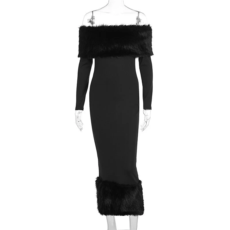 The Winter Glam | Solid Black Fur Collar One-Shoulder Long-Sleeve Midi Dress - Image 2