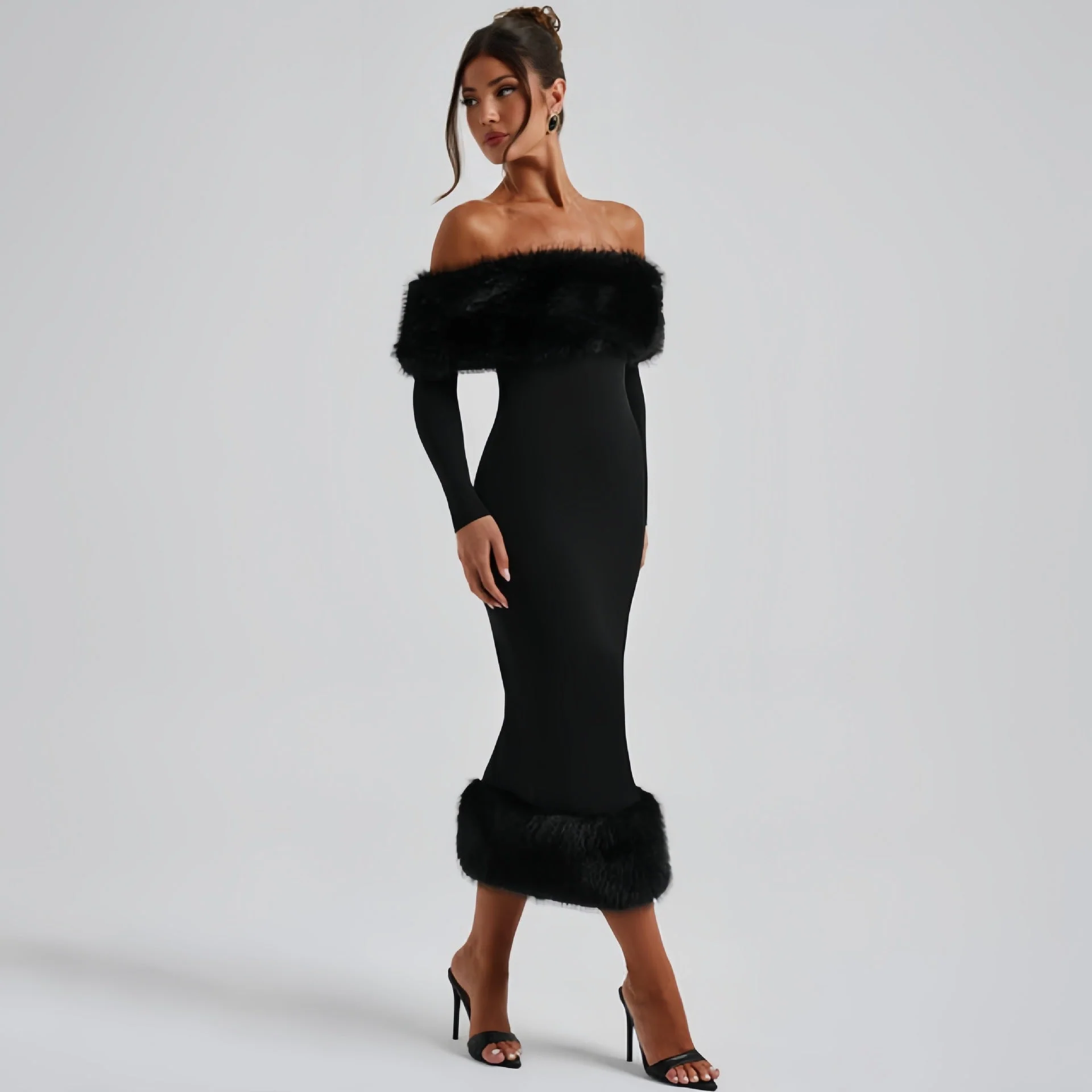 The Winter Glam | Solid Black Fur Collar One-Shoulder Long-Sleeve Midi Dress - Image 3