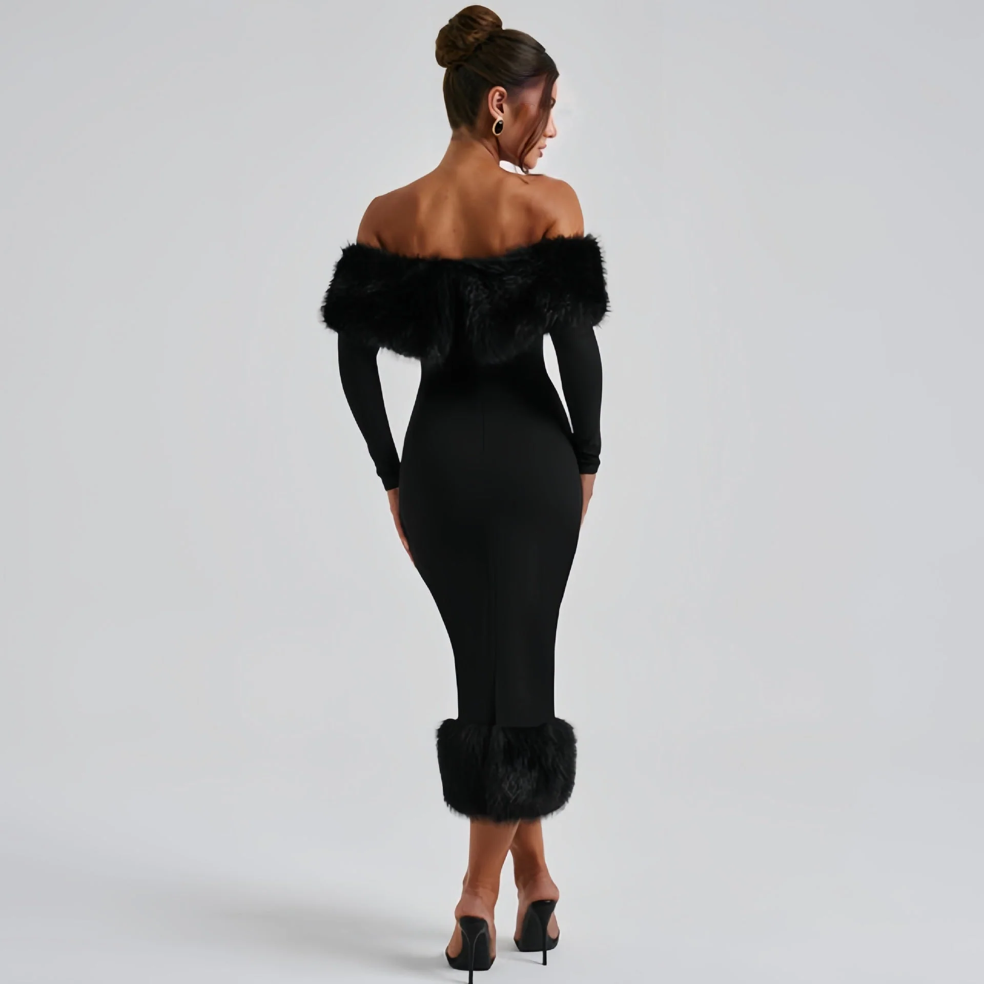 The Winter Glam | Solid Black Fur Collar One-Shoulder Long-Sleeve Midi Dress - Image 5