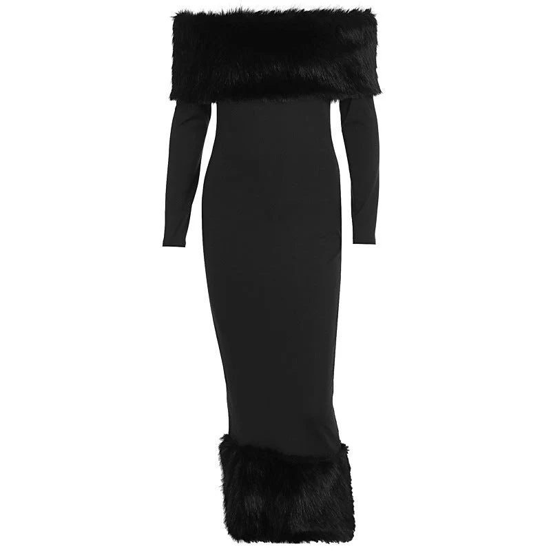 The Winter Glam | Solid Black Fur Collar One-Shoulder Long-Sleeve Midi Dress - Image 6