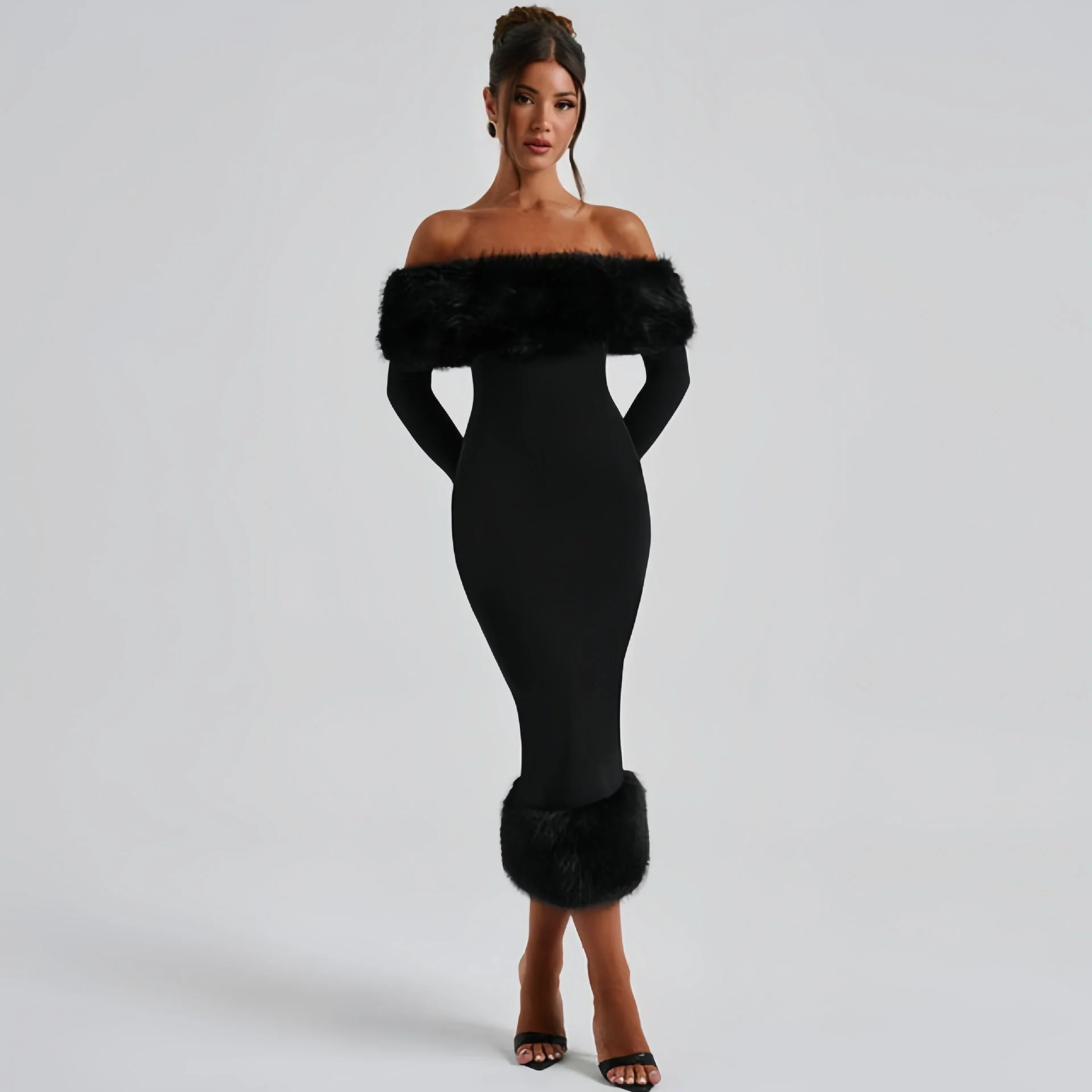 The Winter Glam | Solid Black Fur Collar One-Shoulder Long-Sleeve Midi Dress - Image 9