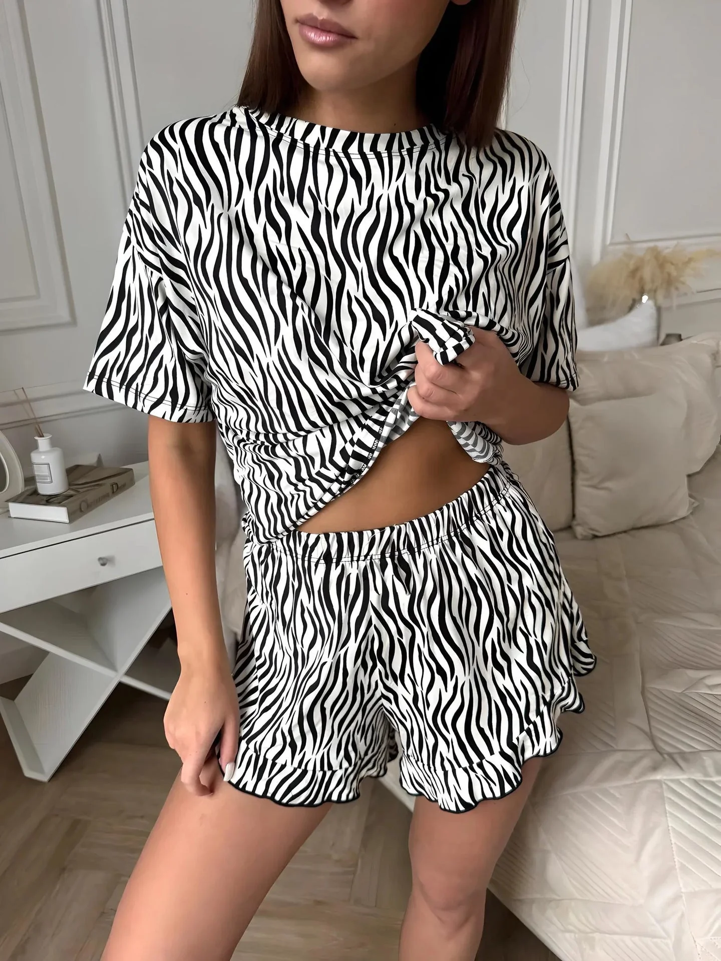 The Zebra Chill | Striped Short-Sleeve Top & Shorts Pajama Set - Image 6