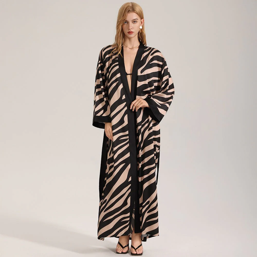 The Zebra Silk | Zebra Print One-Shoulder Long-Sleeve Satin Maxi Robe