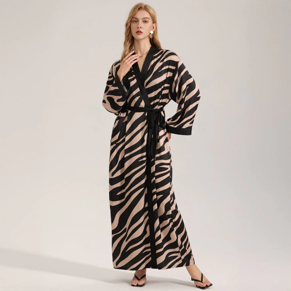 The Zebra Silk | Zebra Print One-Shoulder Long-Sleeve Satin Maxi Robe - Image 2