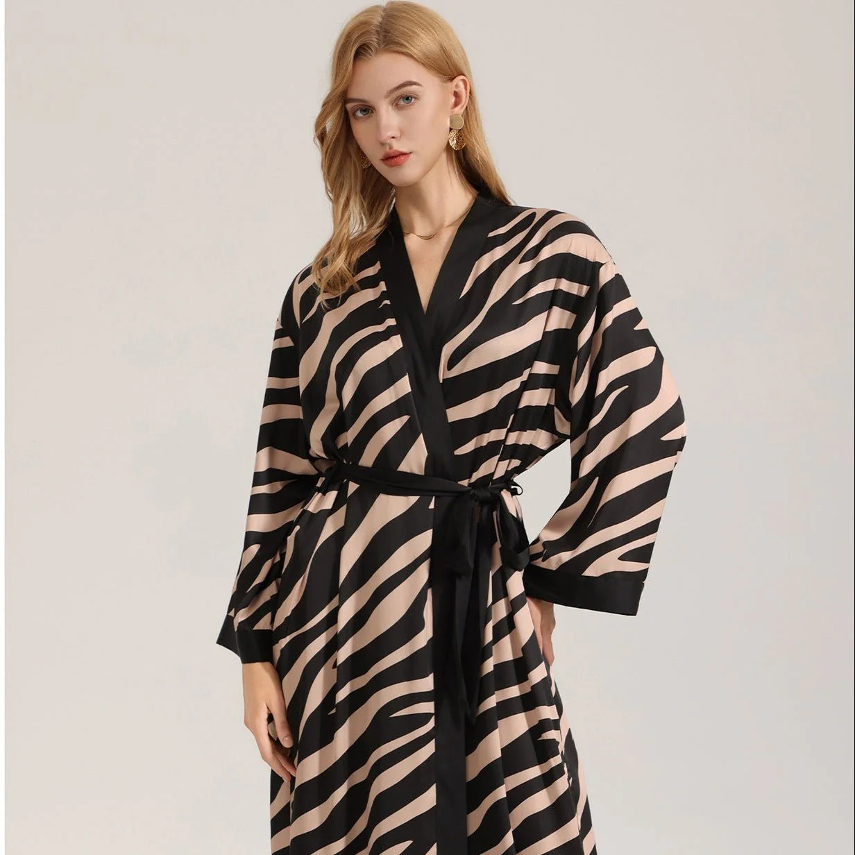 The Zebra Silk | Zebra Print One-Shoulder Long-Sleeve Satin Maxi Robe - Image 3