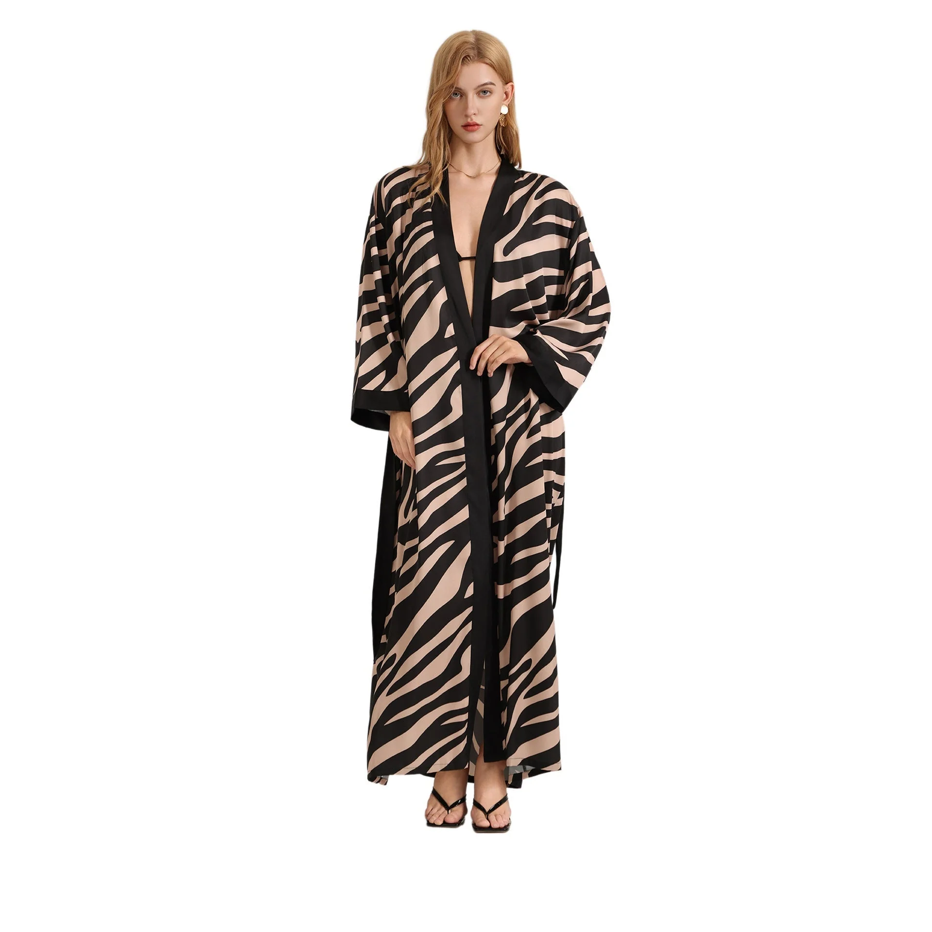 The Zebra Silk | Zebra Print One-Shoulder Long-Sleeve Satin Maxi Robe - Image 5