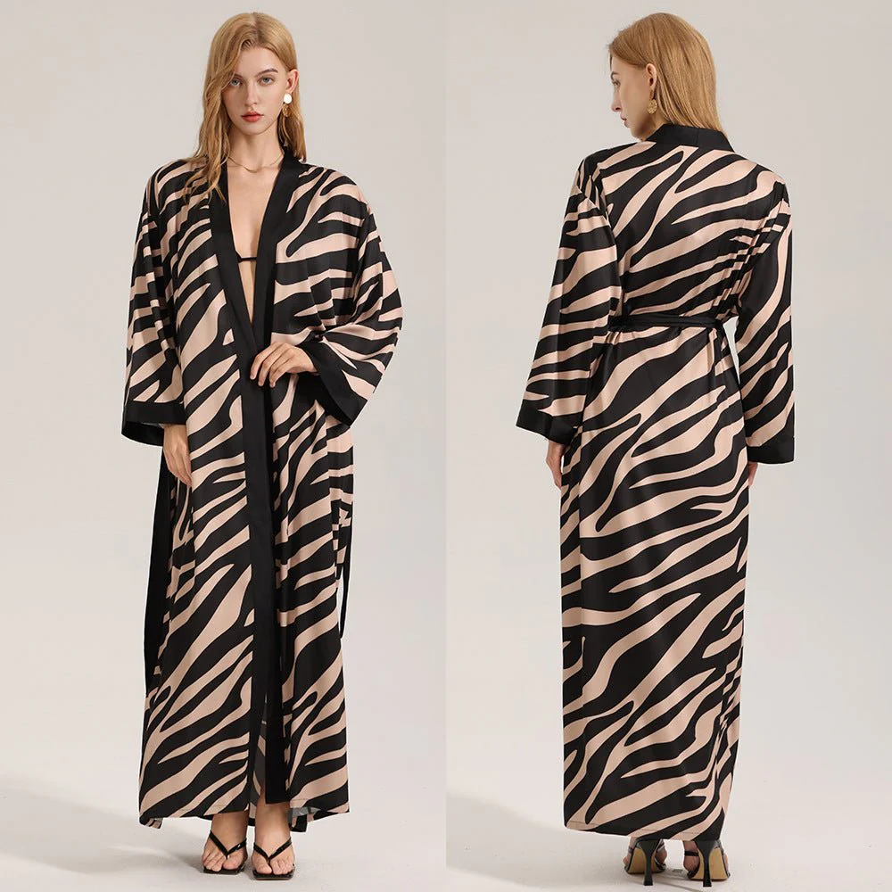 The Zebra Silk | Zebra Print One-Shoulder Long-Sleeve Satin Maxi Robe - Image 6