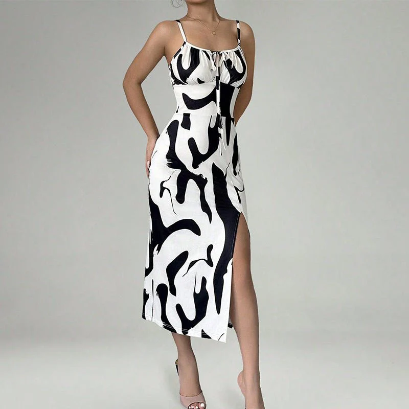 The Zebra Siren | Women's Zebra Print Slit Suspender Midi Dress