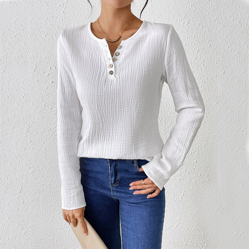 Thin solid color long-sleeved shirt women's spring and summer thin cotton and linen pullover shirt