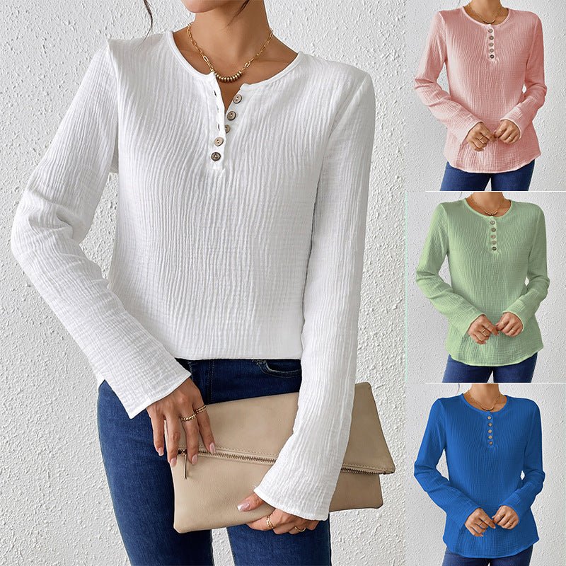 Thin solid color long-sleeved shirt women's spring and summer thin cotton and linen pullover shirt - Image 2