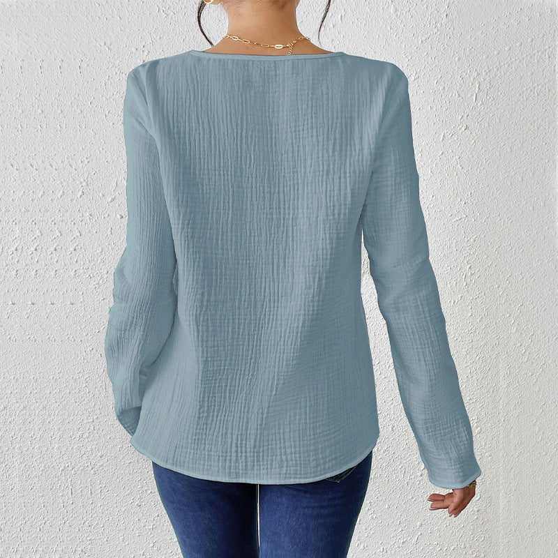 Thin solid color long-sleeved shirt women's spring and summer thin cotton and linen pullover shirt - Image 3
