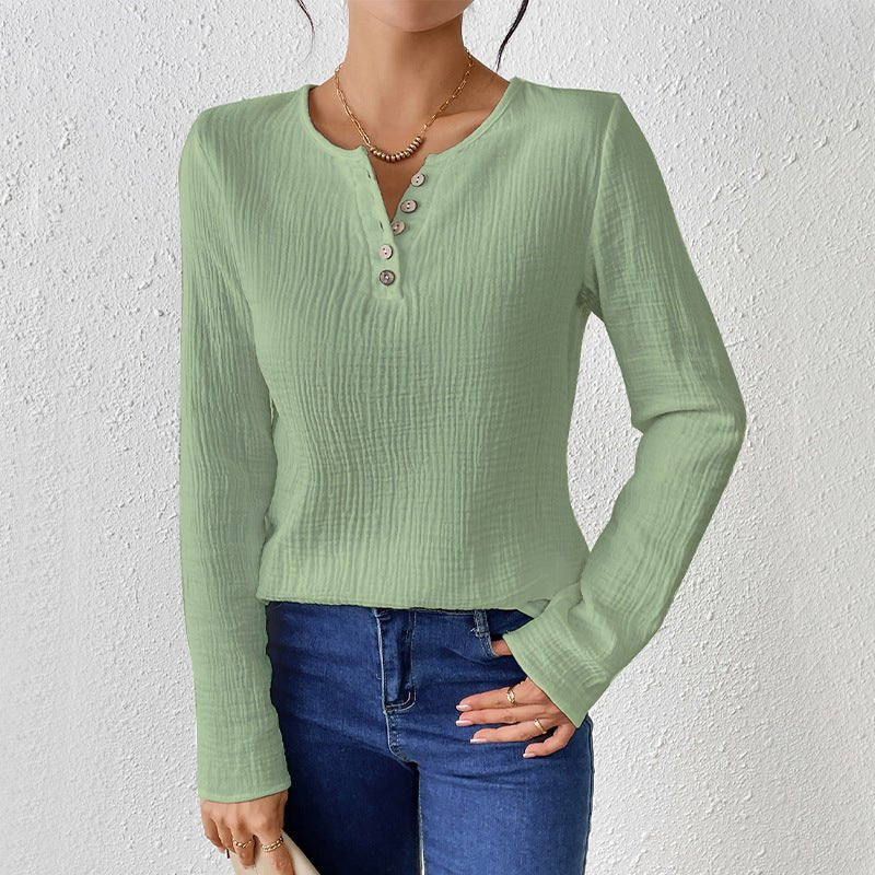 Thin solid color long-sleeved shirt women's spring and summer thin cotton and linen pullover shirt - Image 4