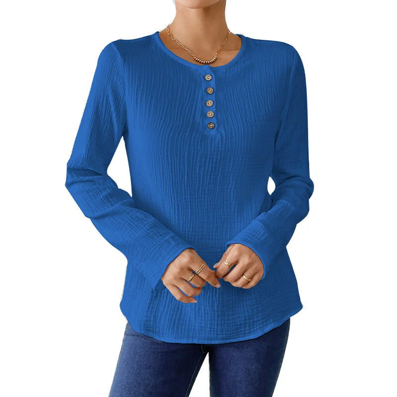Thin solid color long-sleeved shirt women's spring and summer thin cotton and linen pullover shirt - Image 5