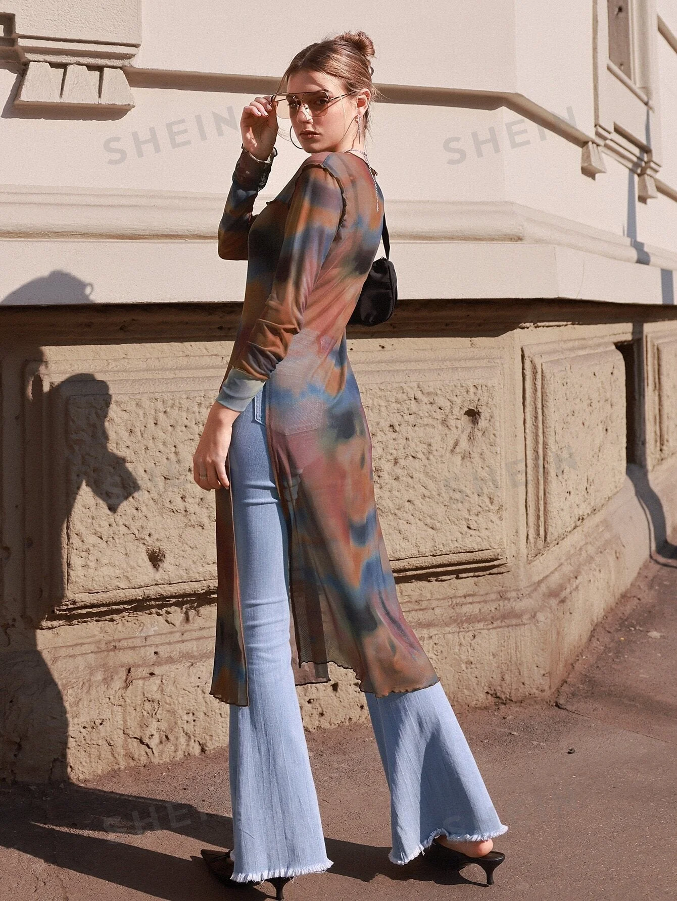 Tie Dye Split Hem Mesh Top Without Bra - Image 2