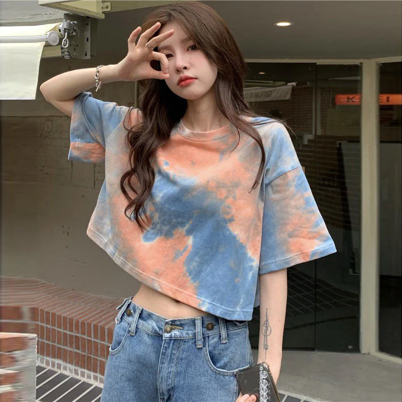 Tie-dyed short-sleeved T-shirt for women in summer 2025 new design niche navel-baring short top FD