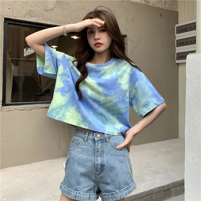Tie-dyed short-sleeved T-shirt for women in summer 2025 new design niche navel-baring short top FD - Image 2