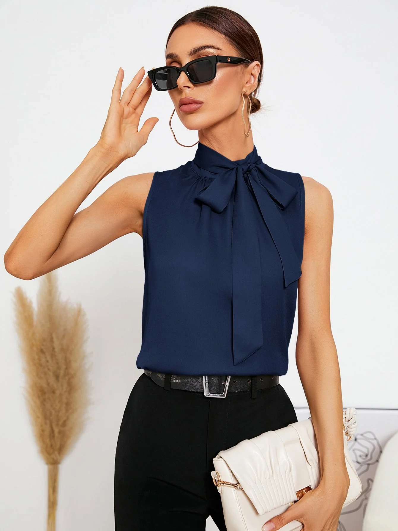 Tie Neck Sleeveless Blouse,Sleeveless Tops - Image 5