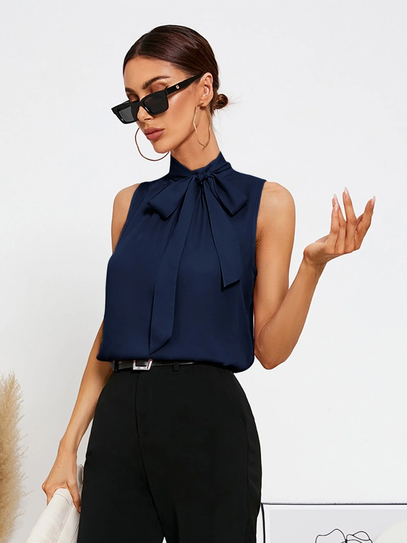 Tie Neck Sleeveless Blouse,Sleeveless Tops - Image 8